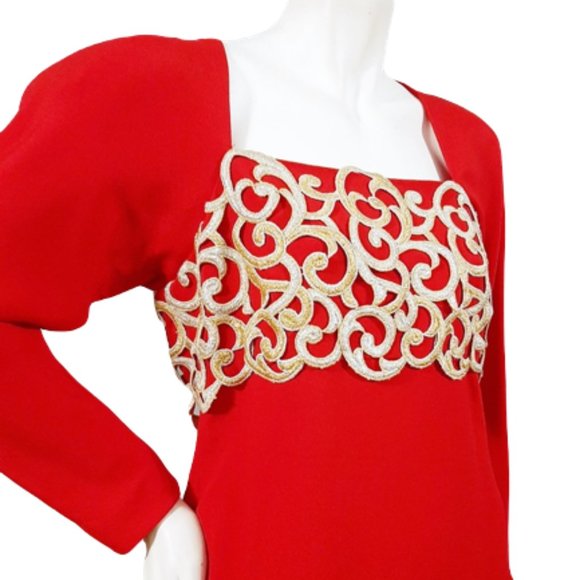 1980s Vintage Lipstick Red Fitted Cocktail Dress With Gold Trim & Shoulder Pads - Picture 4 of 9